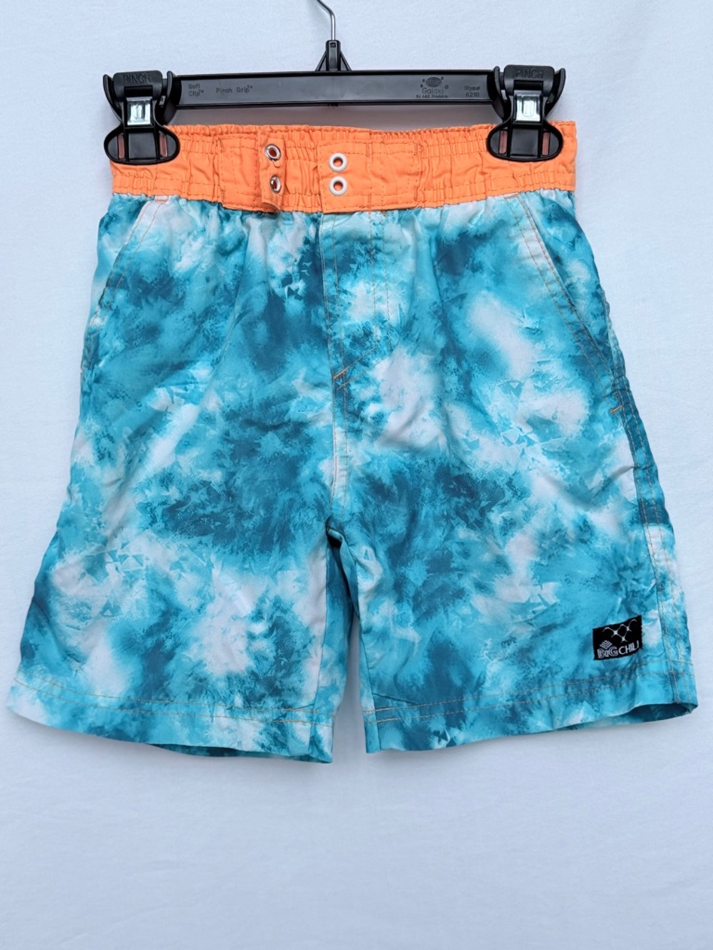 Big Chill Boys Blue Tie-Dye Swim Trunks with Orange Waistband